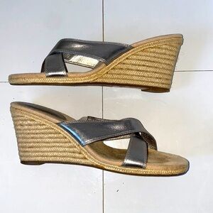 Ann Taylor Loft silver leather espadrille wedge sandals. Size 8. 3” heel.
